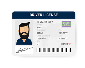 Realistic driver license of men on white background. Vector illustration.