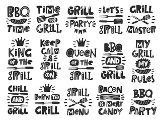 BBQ, barbeque, grill set. Hand drawn lettering. Quote sketch typography. Vector inscription slogan. Poster, t shirt design, print, placard, menu, restaurant, bar, cafe, food court, emblem.