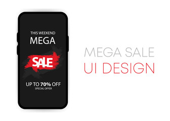 Mobile mega sale app UI vector mockup on smartphone screen. Social network design template. Vector Illustration.