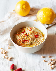 Chickpea hummus with hot pepper. Vegan recipe.
