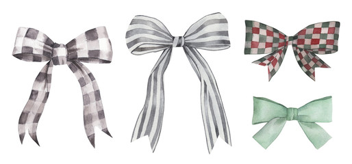 Watercolor set of isolated colorful  bows on white background. Ribbons collection. Hand drawn sketch illustration