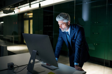 Portrait of mature businessman with computer in an office, working.