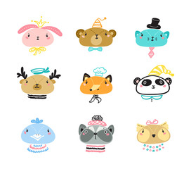 Cute Scandinavian Style Animal Faces Set. Doodle Cartoon Animals and Birds. Vector illustration 