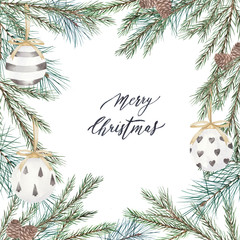 Greeting  frame with christmas tree branches and text "Merry Christmas" on white background. Watercolor winter border. Hand drawn illustration