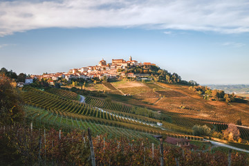 Fototapeta premium La Morra village, langhe vineyards hills. Viticulture of Dolcetto, Nebbiolo and Barbera red wine. Tourism in Europe, travel destination. Piedmont, Italy landmark.