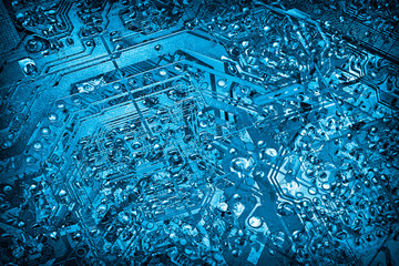 Dark Marine Blue Microcircuit Motherboard Detail Monochrome Vignette Background