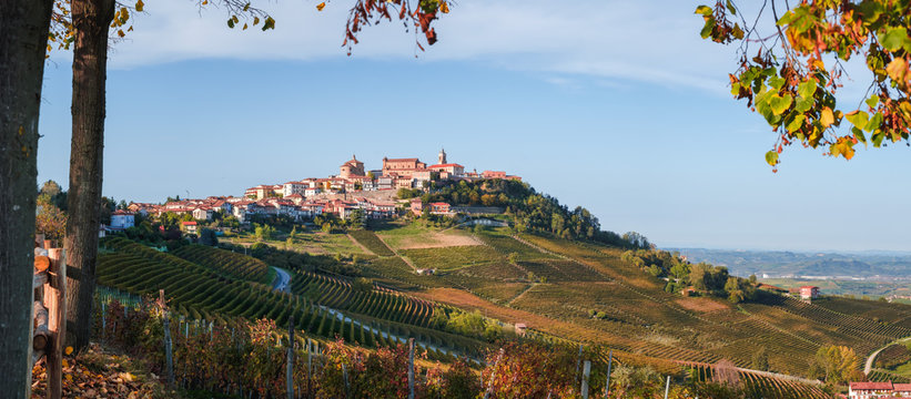 La Morra village, langhe vineyards hills. Viticulture of Dolcetto, Nebbiolo and Barbera red wine. Tourism in Europe, travel destination. Piedmont, Italy landmark.