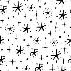 Stars Seamless Pattern. Starry Space Sky Vector Festive Wallpaper. Vector Holiday or Birthday Black and White Background