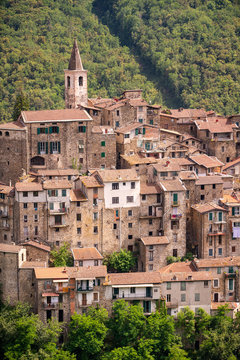 View of the medieval village of Apricale, Liguria, Italy