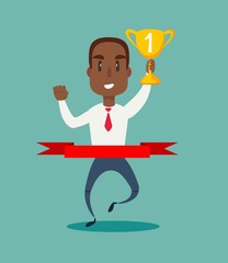 Concept of successful black african american businessman in a finishing line. Businessman victory with hands up run toward red ribbon tape finish. Concept business illustration.