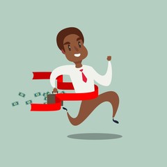 Concept of successful black african american businessman in a finishing line. Businessman victory with hands up run toward red ribbon tape finish. Concept business illustration.