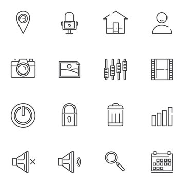 Basic essentials line icons set. linear style symbols collection, outline signs pack. vector graphics. Set includes icons as map pin, user contact, photo gallery, settings bars, switch off button