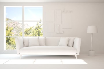 Mock up of stylish room in white color with sofa and green landscape in window. Scandinavian interior design. 3D illustration