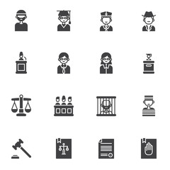 Law, justice vector icons set, modern solid symbol collection, filled style pictogram pack. Signs, logo illustration. Set includes icons as judge gavel, attorney, jury, barrister, law book, prisoner