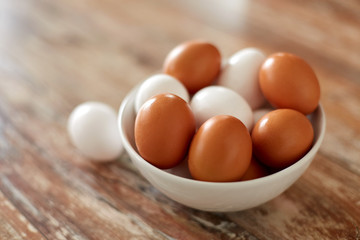 food, culinary and cooking concept - close up of natural chicken eggs in ceramic bowl on wooden table