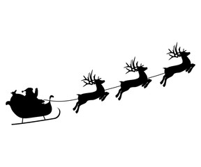Christmas reindeers are carrying Santa Claus in a sleigh with gifts. silhouette on a white