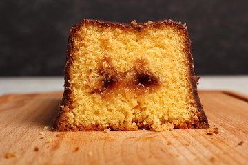 Chocolate glazed loaf cake with strawberry jam