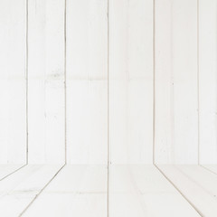 Wooden white perspective texture and background with space, display montage for product.