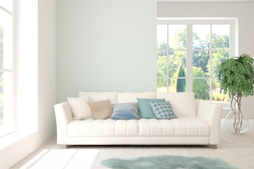 Stylish room in white color with sofa and summer landscape in window. Scandinavian interior design. 3D illustration