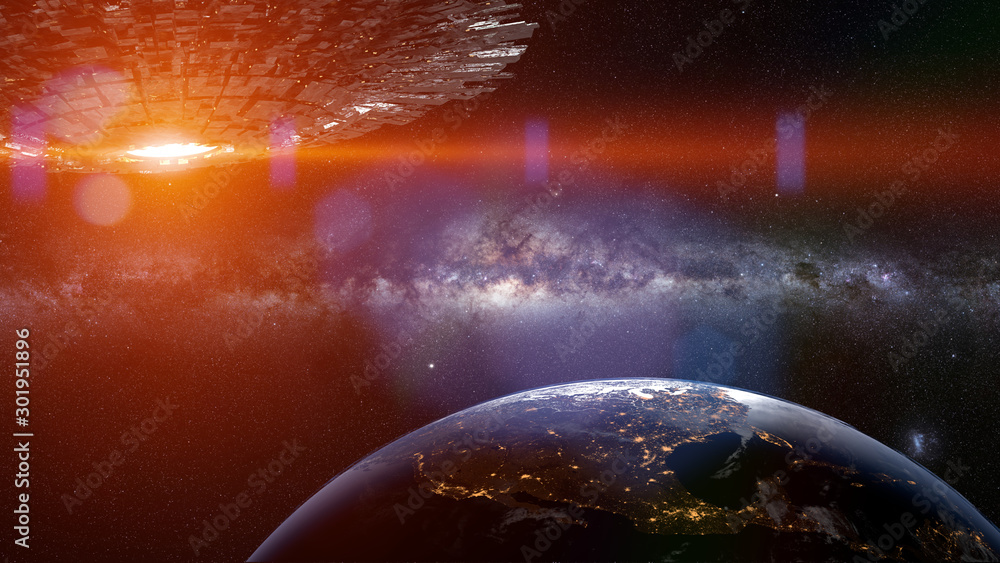 Wall mural alien spaceship, ufo in orbit of planet earth