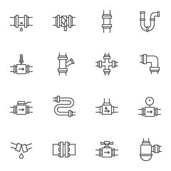 Plumbing line icons set. linear style symbols collection, outline signs pack. vector graphics. Set includes icons as water pipes connections, pipeline, gauge pressure meter, broken pipe repair