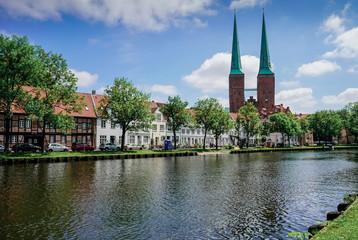 Fototapeta na wymiar Luebeck, View of the city from river.