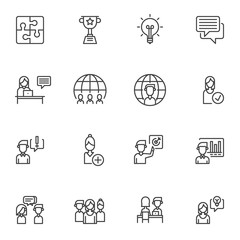 Teamwork skills line icons set. linear style symbols collection, outline signs pack. vector graphics. Set includes icons as idea lamp, award cup, puzzle, presentation, financial graph, interview