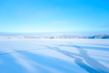 Fototapeta na wymiar Cold winter day landscape with snowy trees. Photo from Sotkamo, Finland.