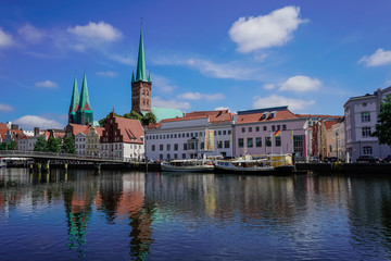Fototapeta na wymiar Luebeck, View of the city from river.