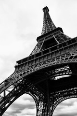 Abstract black and white low angel view of the iconic eifel tower in Paris, France
