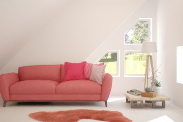 Stylish room in white color with coral sofa and summer landscape in window. Scandinavian interior design. 3D illustration