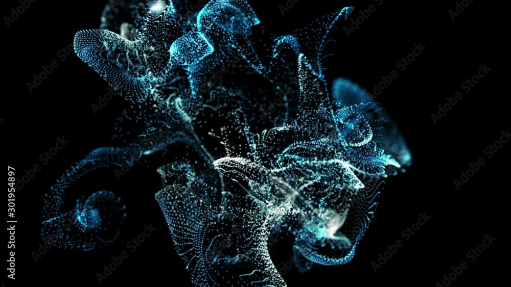 Poster fantasy blue textured abstract shape and light particles in organic motion. wave of defocused partic