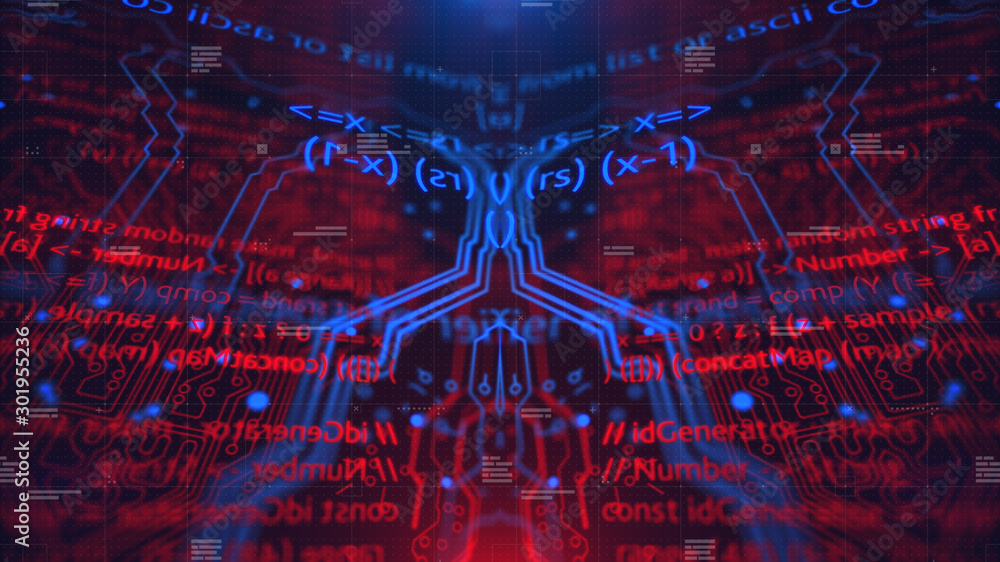 Poster hud interface. head up display. mirrored pattern. blue, red background with digital integrated netwo