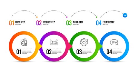 Employee, Confirmed and Infochart line icons set. Timeline infographic. Message sign. Cogwheel, Accepted message, Stock exchange. Speech bubble. Education set. Employee icon. Timeline diagram. Vector