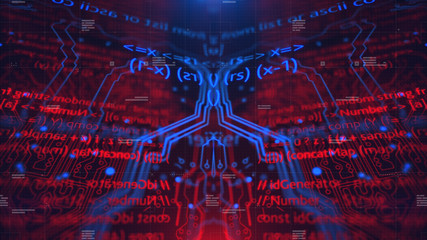 HUD interface. Head up display.  Mirrored pattern. Blue, red background with digital integrated network technology. Printed circuit board. Technology background. Neon. 3D illustration. Computer infogr