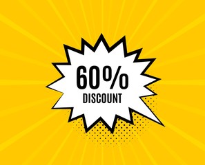 60% Discount. Chat speech bubble. Sale offer price sign. Special offer symbol. Yellow vector banner with bubble. Discount text. Chat badge. Colorful background. Vector
