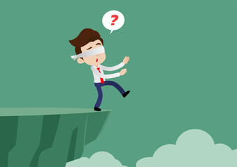 Blindfolded businessman is walking towards a cliff