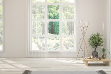 Stylish room in white color with sofa and summer landscape in window. Scandinavian interior design. 3D illustration