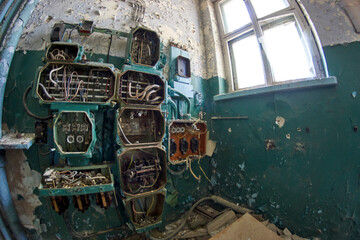 Fuse boxes in abandoned building of abandoned soviet cold war secret east German nuke town