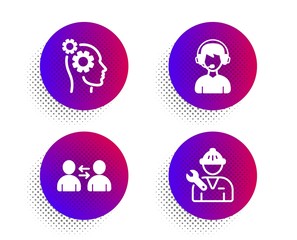 Communication, Consultant and Thoughts icons simple set. Halftone dots button. Repairman sign. Users talking, Call center, Business work. Repair service. People set. Vector