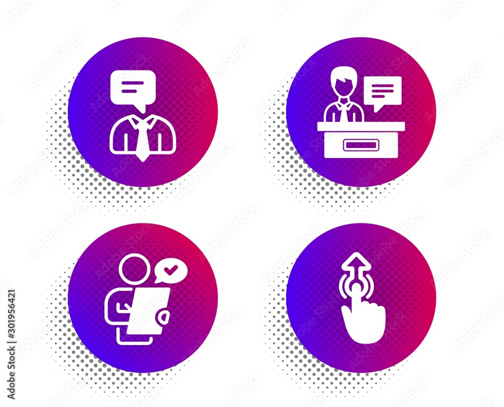 Poster customer survey, exhibitors and support service icons simple set. halftone dots button. swipe up sig