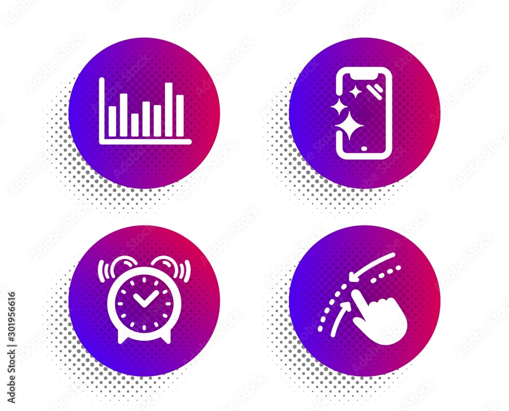 Poster alarm clock, bar diagram and smartphone clean icons simple set. halftone dots button. swipe up sign.