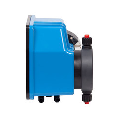 Blue industrial water pump with controller isolated on white background.