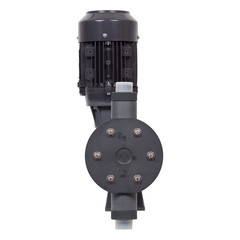 New grey industrial diaphragm pump with motor isolated on white background.