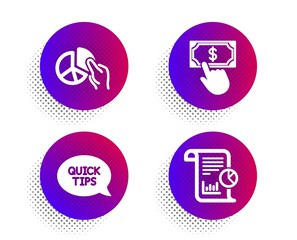 Pie chart, Payment click and Quickstart guide icons simple set. Halftone dots button. Report sign. Presentation graph, Financial transfer, Helpful tricks. Work analysis. Education set. Vector