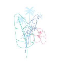 Tropical plants parrot and flower one line drawing
