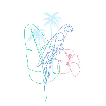recommend clip art: Tropical plants parrot and flower one line drawing