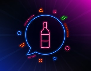 Wine bottle line icon. Neon laser lights. Merlot or Cabernet Sauvignon sign. Glow laser speech bubble. Neon lights chat bubble. Banner badge with wine bottle icon. Vector