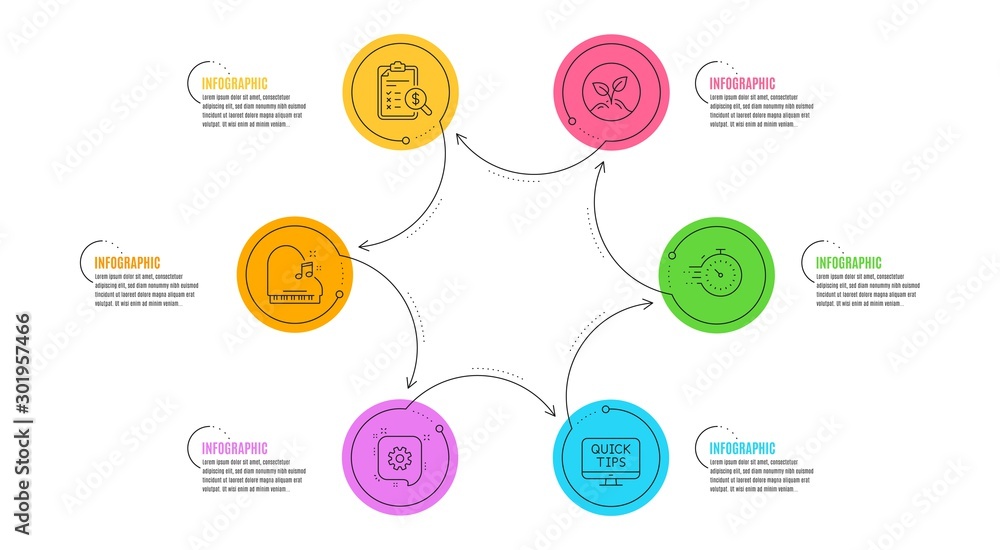 Poster cogwheel, accounting report and piano signs. infographic timeline. startup, web tutorials and timer 