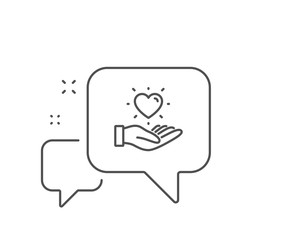 Hold heart line icon. Chat bubble design. Friends love sign. Brand ambassador hand symbol. Outline concept. Thin line hold heart icon. Vector